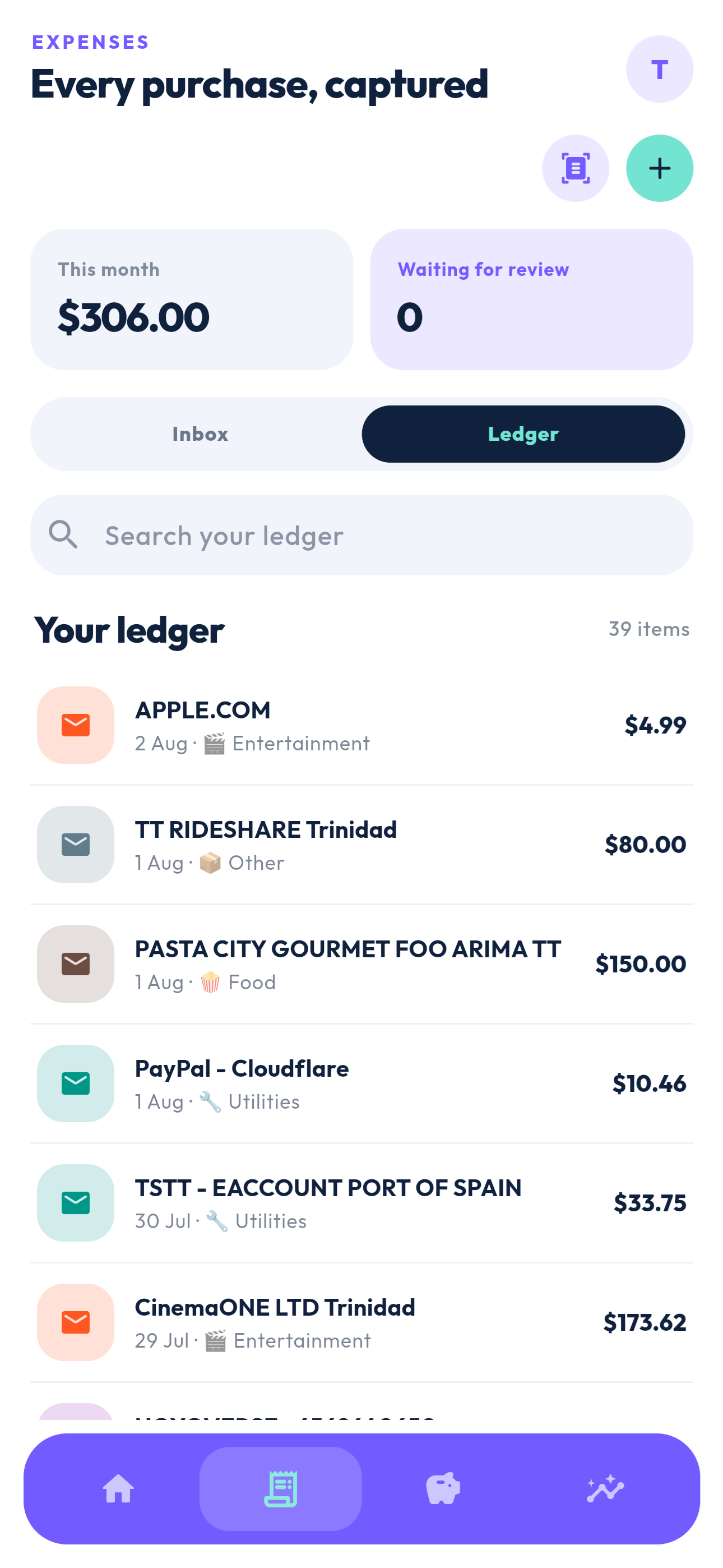 Reccurra ledger with email-captured purchases